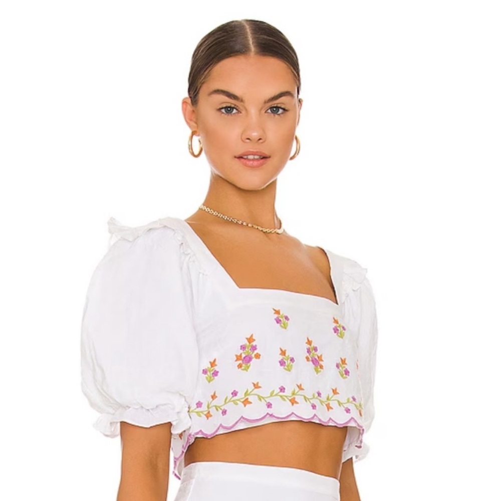 MAJORELLE “Wesley” White Ivory Linen Crop Top with Pastel Embroidered Floral